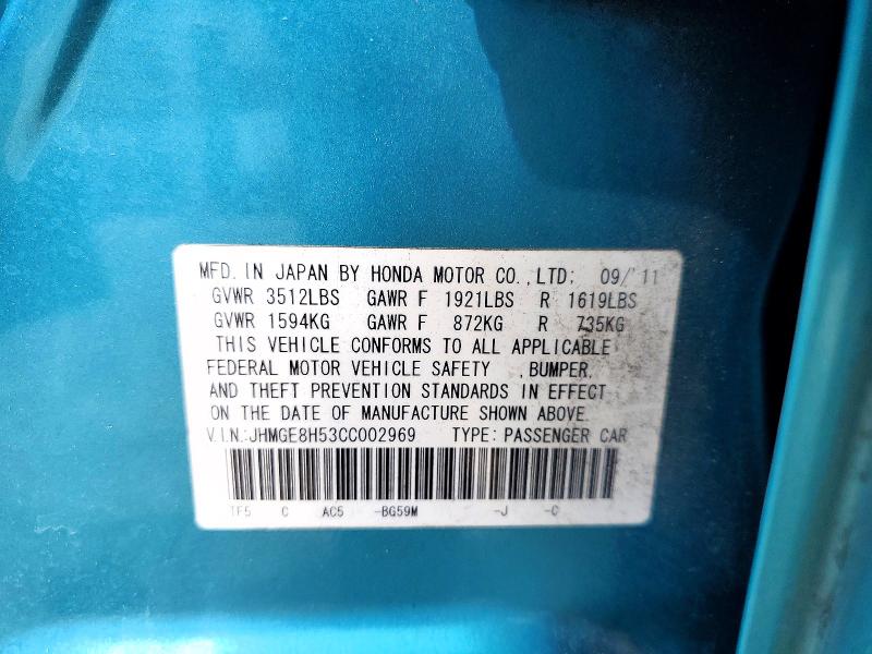 Продажа на аукционе авто 2012 Honda Fit, vin: JHMGE8H53CC002969, номер лота: 59195566