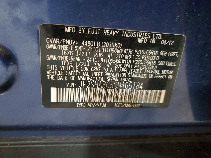 2012 Subaru Forester მანქანა იყიდება აუქციონზე, vin: JF2SHABC5CH465184, აუქციონის ნომერი: 58640186