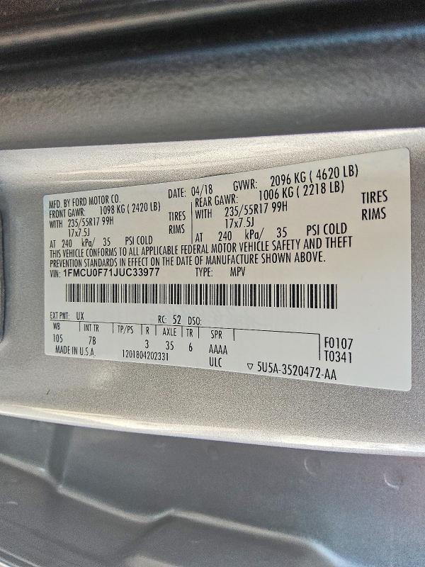 Продажа на аукционе авто 2018 Ford Escape, vin: 1FMCU0F71JUC33977, номер лота: 58061946