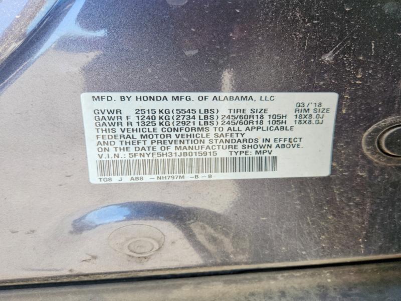 Aukcja sprzedaży 2018 Honda Pilot, vin: 5FNYF5H31JB015915, numer aukcji: 55874786