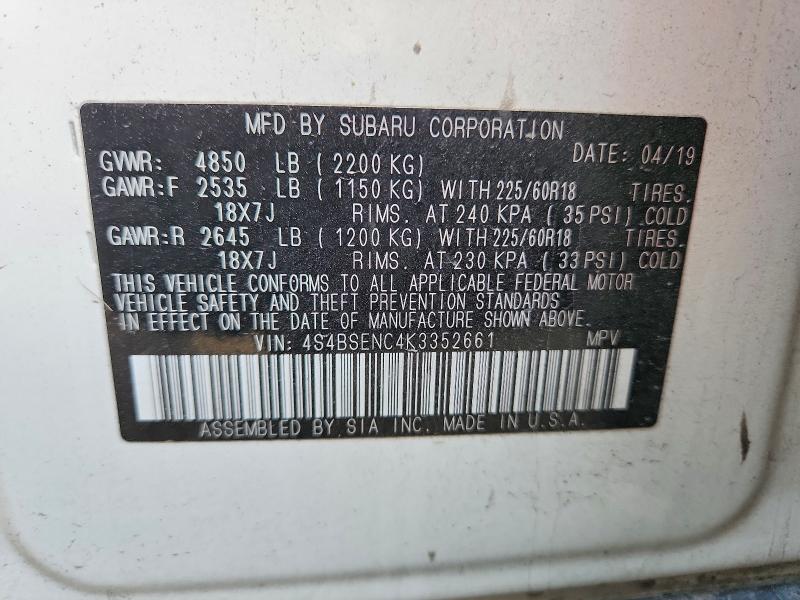 Aukcja sprzedaży 2019 Subaru Outback, vin: 4S4BSENC4K3352661, numer aukcji: 59053836