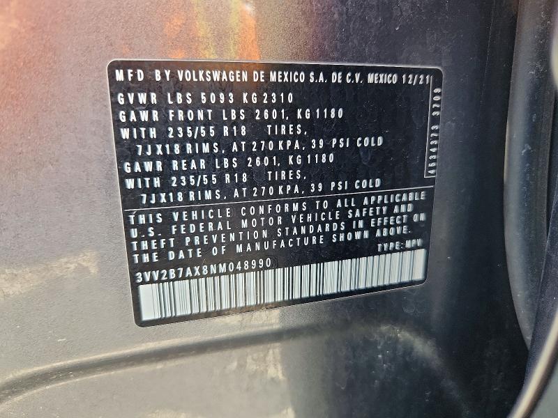 Продаж на аукціоні авто 2022 Volkswagen Tiguan, vin: 3VV2B7AX8NM048990, номер лоту: 56961786