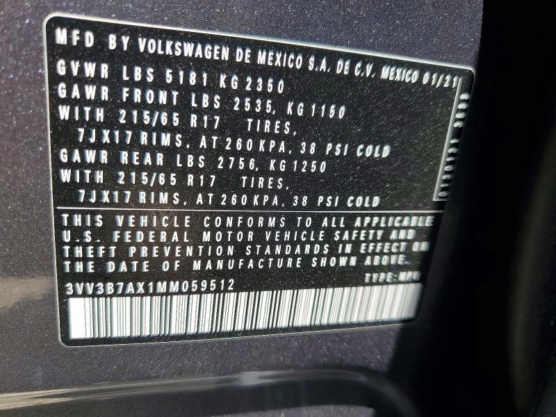 Продажа на аукционе авто 2021 Volkswagen Tiguan, vin: 3VV3B7AX1MM059512, номер лота: 59187186