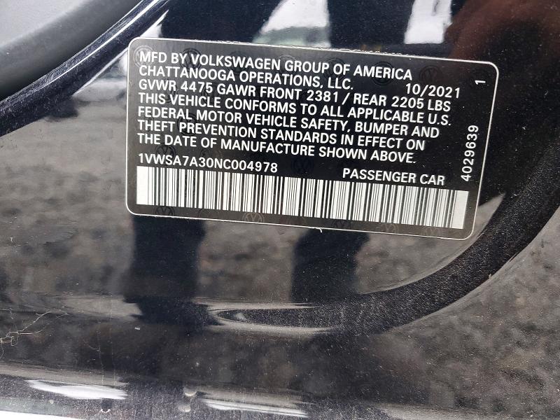 97682115 :رقم المزاد ، 1VWSA7A30NC004978 vin ، 2022 Volkswagen Passat مزاد بيع