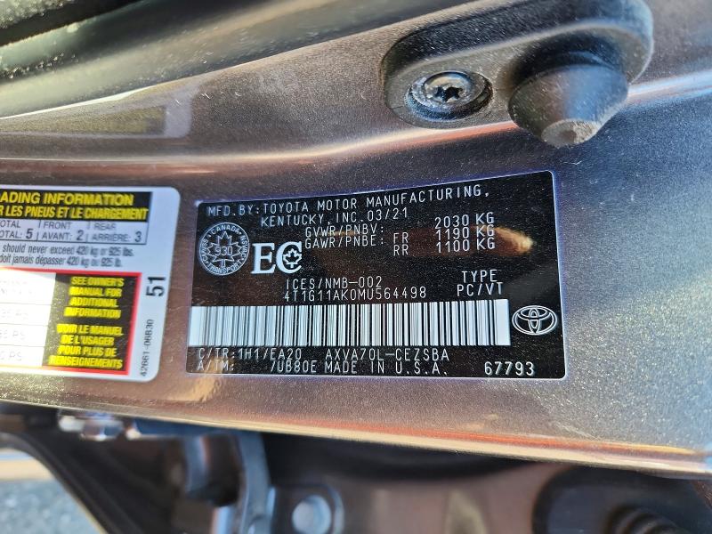 Продажа на аукционе авто 2021 Toyota Camry, vin: 4T1G11AK0MU564498, номер лота: 56061896