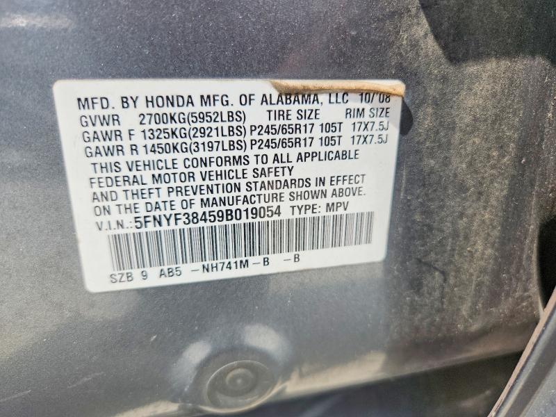 56129316 :رقم المزاد ، 5FNYF38459B019054 vin ، 2009 Honda Pilot مزاد بيع