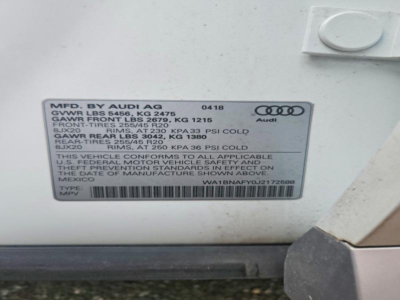 2018 Audi Q5 მანქანა იყიდება აუქციონზე, vin: WA1BNAFY0J2172588, აუქციონის ნომერი: 57271766