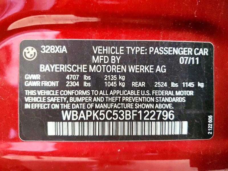 57910936 :رقم المزاد ، WBAPK5C53BF122796 vin ، 2011 Bmw 328 مزاد بيع