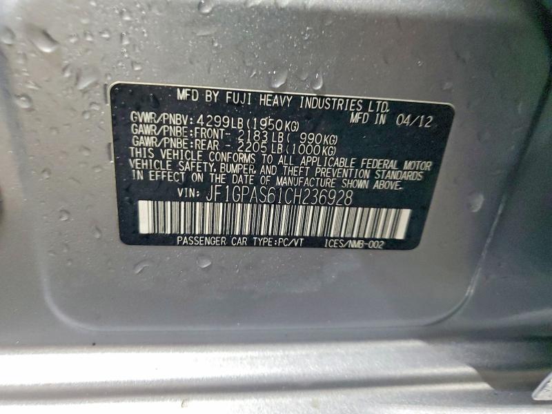 Продаж на аукціоні авто 2012 Subaru Impreza, vin: JF1GPAS61CH236928, номер лоту: 57215636
