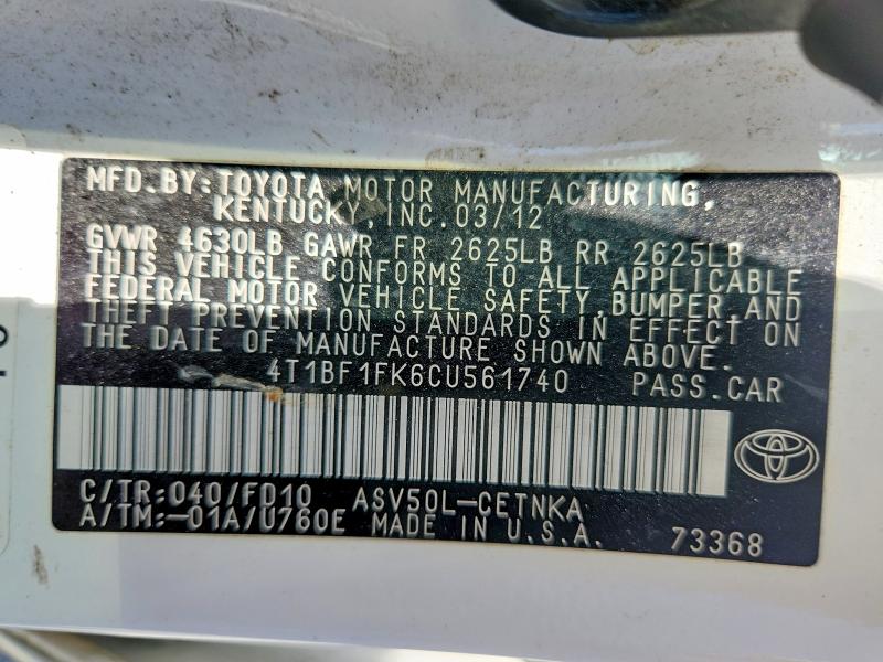Продажа на аукционе авто 2012 Toyota Camry, vin: 4T1BF1FK6CU561740, номер лота: 58830046
