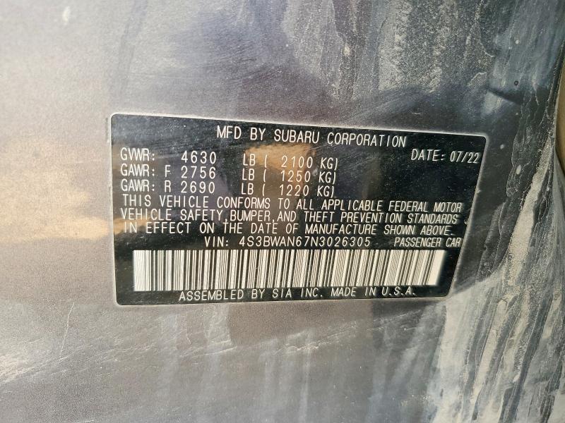 2022 Subaru Legacy მანქანა იყიდება აუქციონზე, vin: 4S3BWAN67N3026305, აუქციონის ნომერი: 58102926