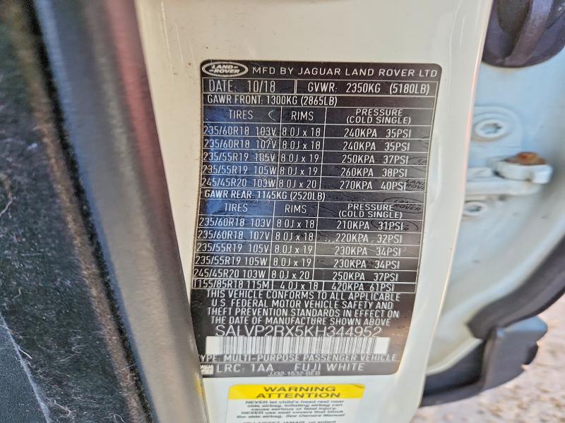 58940266 :رقم المزاد ، SALVP2RX5KH344952 vin ، 2019 Land Rover Range Rover Evoque مزاد بيع