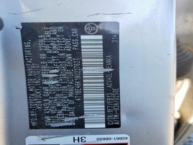 2008 Toyota Camry მანქანა იყიდება აუქციონზე, vin: 4T1BE46K18U227627, აუქციონის ნომერი: 57729436