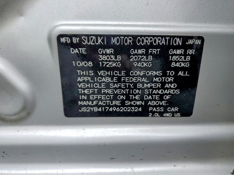 58539616 :رقم المزاد ، JS2YB417496202324 vin ، 2009 Suzuki Sx4 مزاد بيع