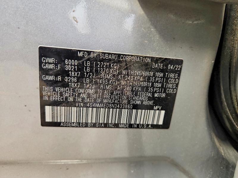 55889236 :رقم المزاد ، 4S4WMAED8N3433860 vin ، 2022 Subaru Ascent مزاد بيع