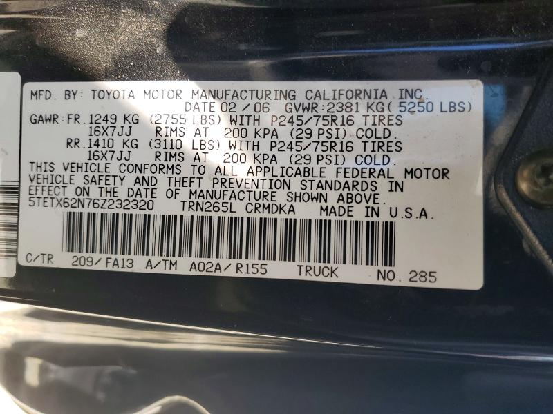2006 Toyota Tacoma მანქანა იყიდება აუქციონზე, vin: 5TETX62N76Z232320, აუქციონის ნომერი: 56113586