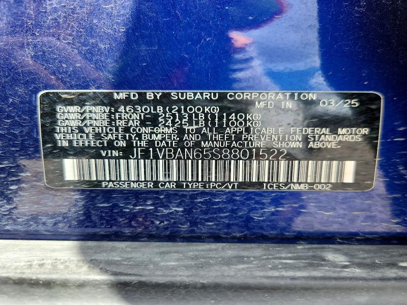 56731466 :رقم المزاد ، JF1VBAN65S8801522 vin ، 2025 Subaru Wrx مزاد بيع