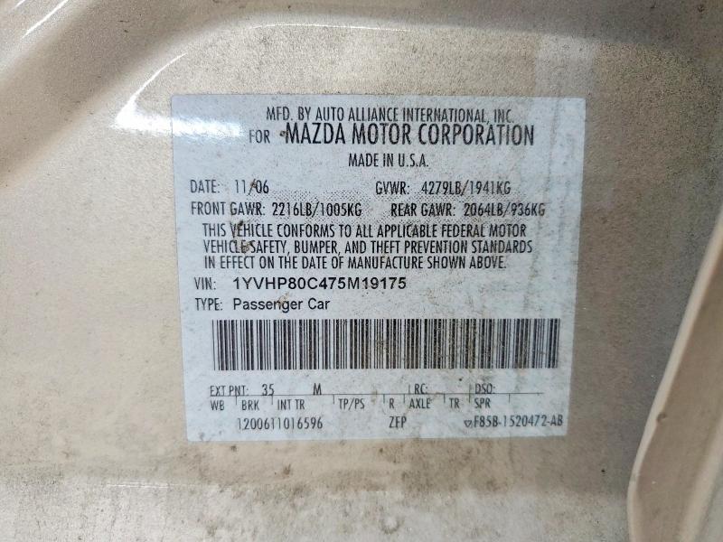 Auction sale of the 2007 Mazda 6, vin: 1YVHP80C475M19175, lot number: 57572996