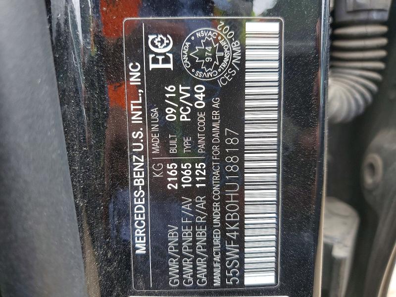 Aukcja sprzedaży 2017 Mercedes-benz C, vin: 55SWF4KB0HU188187, numer aukcji: 55180536