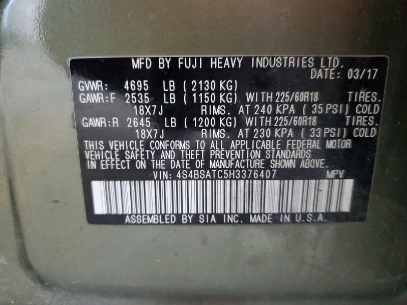 55220866 :رقم المزاد ، 4S4BSATC5H3376407 vin ، 2017 Subaru Outback مزاد بيع