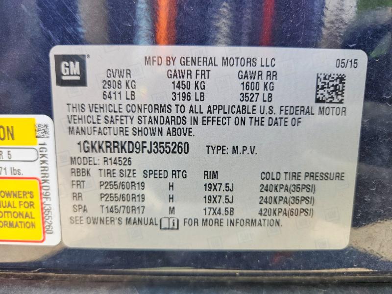55415356 :رقم المزاد ، 1GKKRRKD9FJ355260 vin ، 2015 Gmc Acadia مزاد بيع