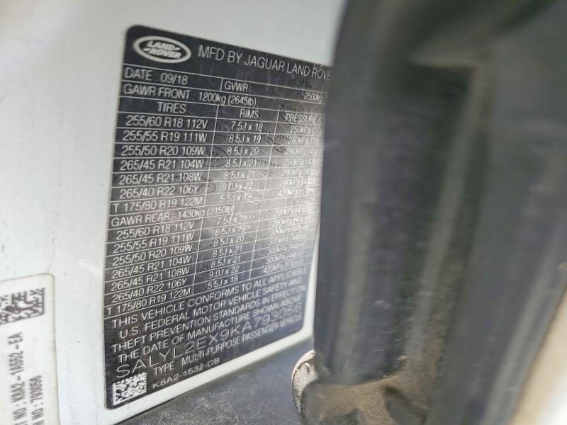 59542866 :رقم المزاد ، SALYL2EX9KA793056 vin ، 2019 Land Rover Range Rover Velar مزاد بيع