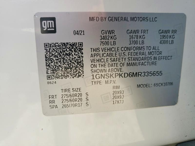 Aukcja sprzedaży 2021 Chevrolet Tahoe, vin: 1GNSKPKD6MR335655, numer aukcji: 55783006