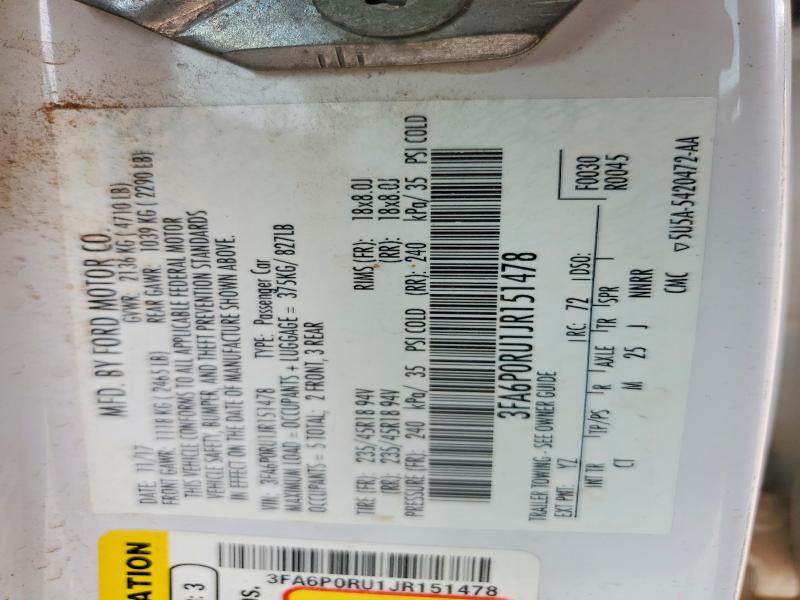 Aukcja sprzedaży 2018 Ford Fusion, vin: 3FA6P0RU1JR151478, numer aukcji: 57928316