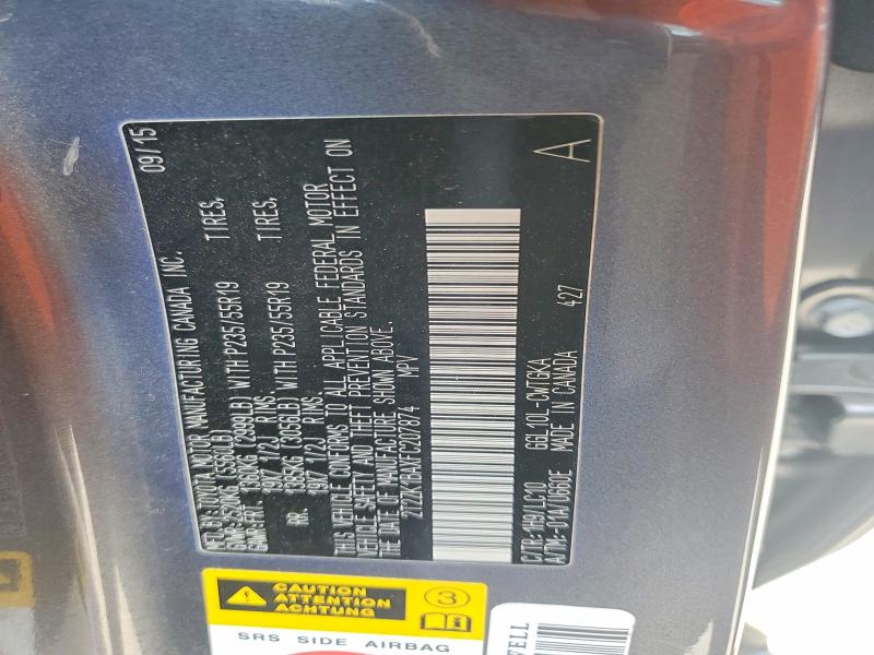 56950406 :رقم المزاد ، 2T2ZK1BAXFC207874 vin ، 2015 Lexus Rx مزاد بيع