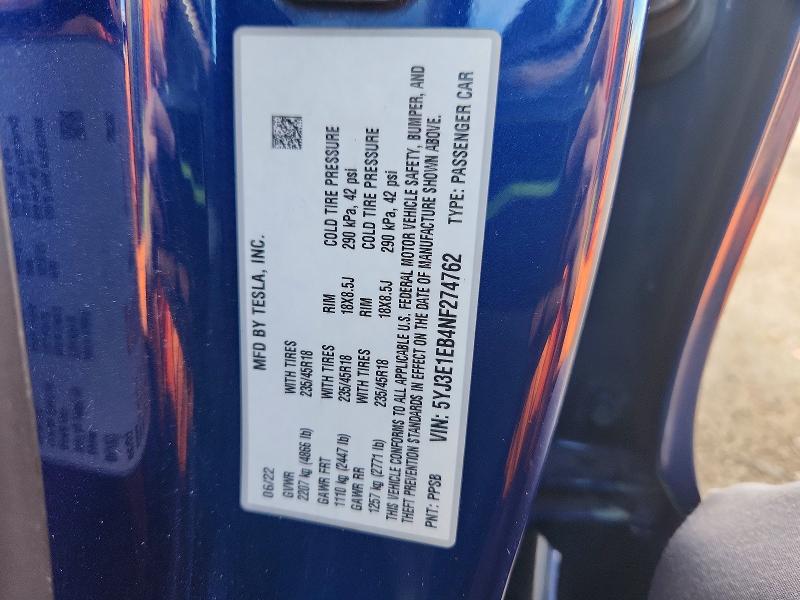 2022 Tesla Model 3 მანქანა იყიდება აუქციონზე, vin: 5YJ3E1EB4NF274762, აუქციონის ნომერი: 57411786