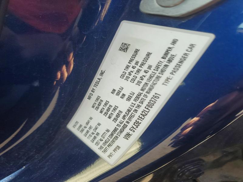 54847316 :رقم المزاد ، 5YJ3E1EA2LF803761 vin ، 2020 Tesla Model 3 مزاد بيع