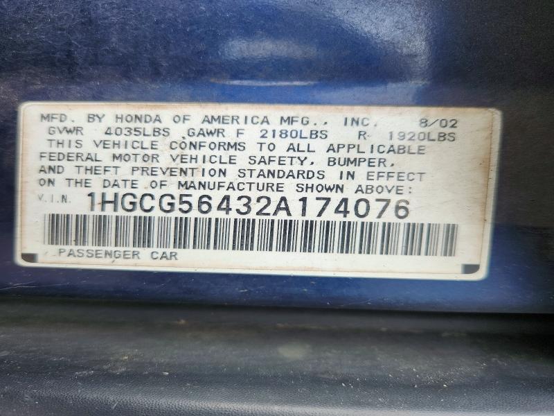 Продажа на аукционе авто 2002 Honda Accord, vin: 1HGCG56432A174076, номер лота: 56645746