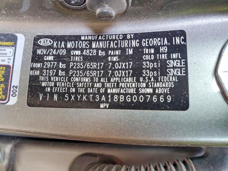 2011 Kia Sorento მანქანა იყიდება აუქციონზე, vin: 5XYKT3A18BG007669, აუქციონის ნომერი: 58745366