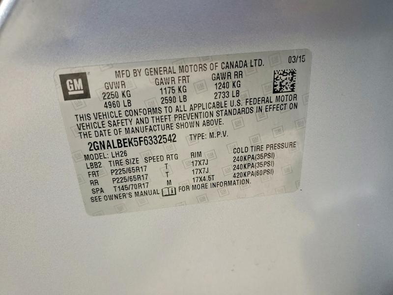 Aukcja sprzedaży 2015 Chevrolet Equinox, vin: 2GNALBEK5F6332542, numer aukcji: 55960596