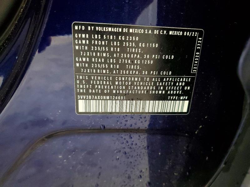 2022 Volkswagen Tiguan მანქანა იყიდება აუქციონზე, vin: 3VV3B7AX0NM124691, აუქციონის ნომერი: 55686586