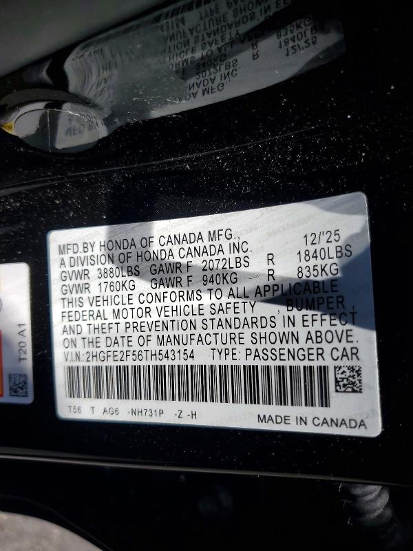 Aukcja sprzedaży 2026 Honda Civic, vin: 2HGFE2F56TH543154, numer aukcji: 57162656