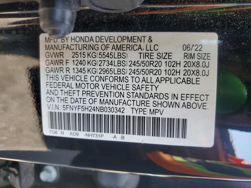 Aukcja sprzedaży 2022 Honda Pilot, vin: 5FNYF5H24NB030342, numer aukcji: 58241056