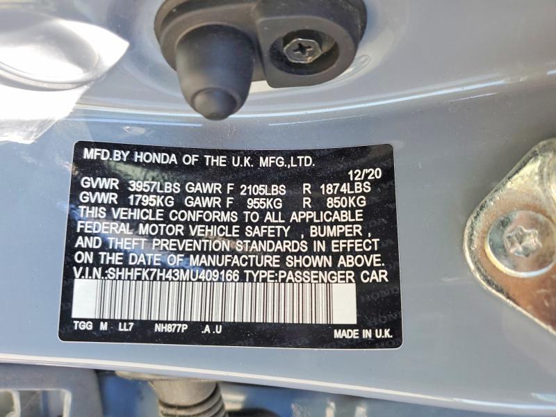 Продаж на аукціоні авто 2021 Honda Civic, vin: SHHFK7H43MU409166, номер лоту: 57547416