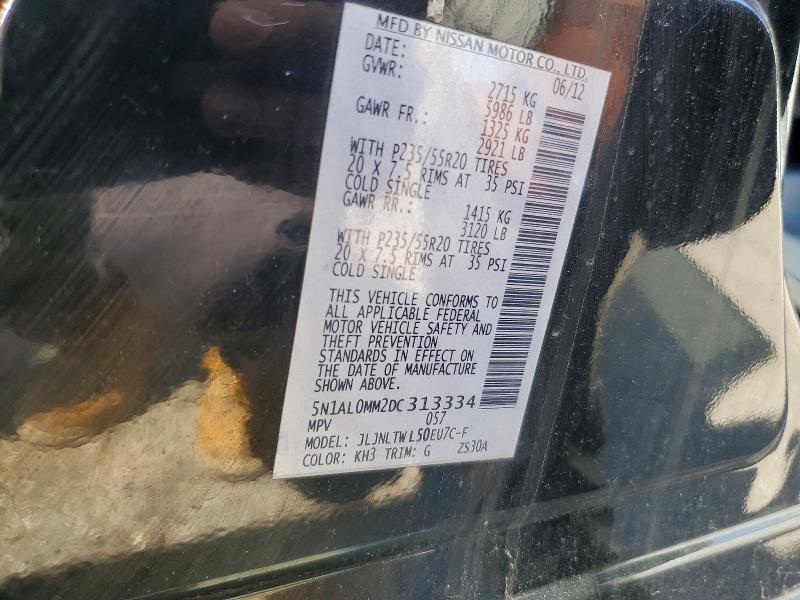 56530616 :رقم المزاد ، 5N1AL0MM2DC313334 vin ، 2013 Infiniti Jx35 مزاد بيع
