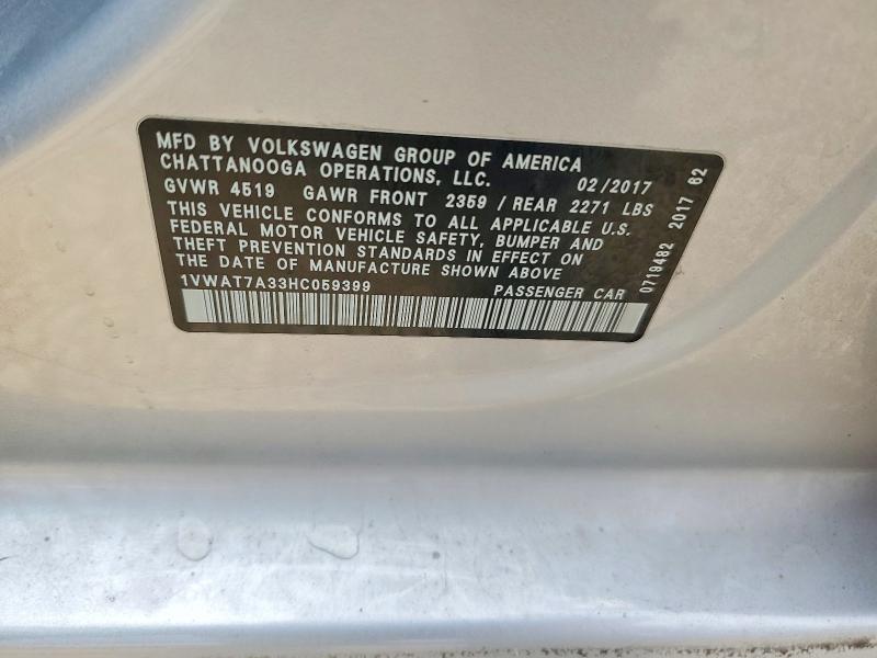 58034966 :رقم المزاد ، 1VWAT7A33HC059399 vin ، 2017 Volkswagen Passat مزاد بيع