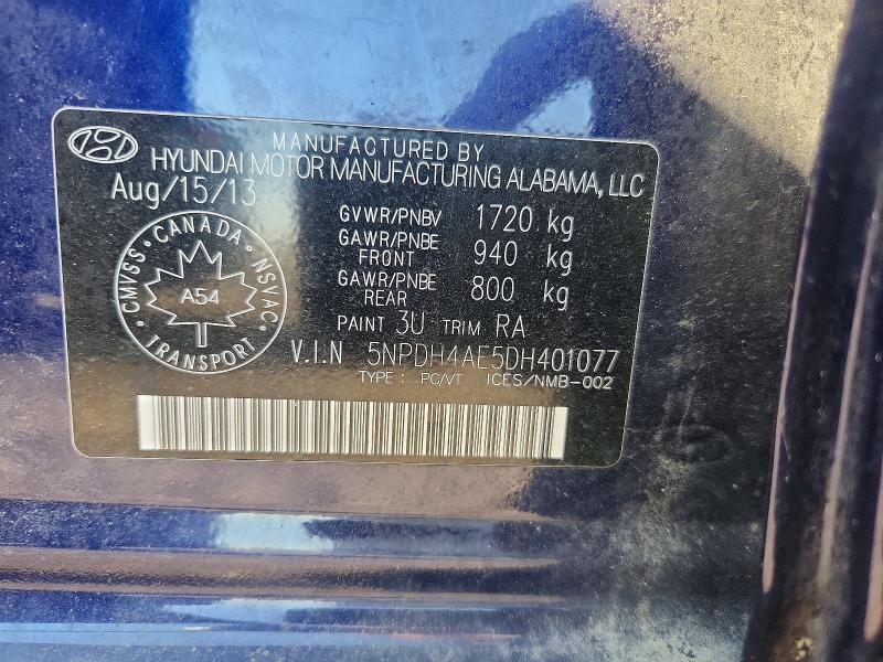 58537836 :رقم المزاد ، 5NPDH4AE5DH401077 vin ، 2013 Hyundai Elantra مزاد بيع