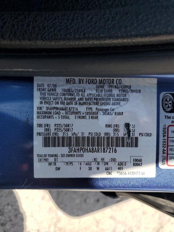 57923356 :رقم المزاد ، 3FAHP0HA8AR187216 vin ، 2010 Ford Fusion مزاد بيع