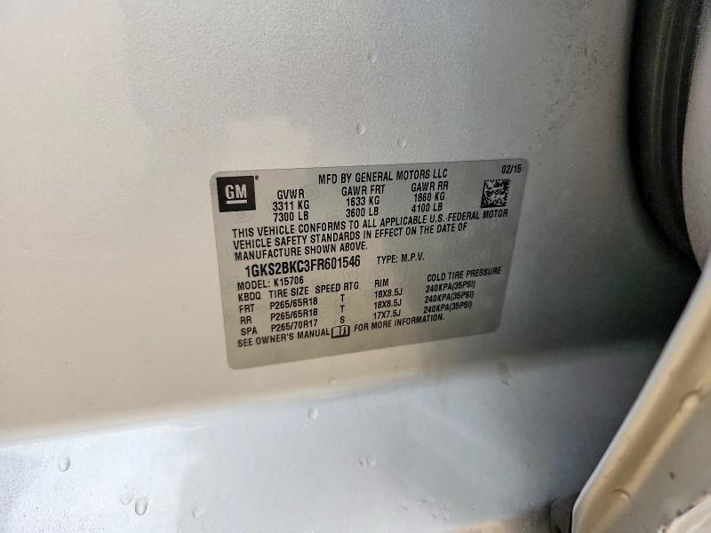 57771276 :رقم المزاد ، 1GKS2BKC3FR601546 vin ، 2015 Gmc Yukon مزاد بيع