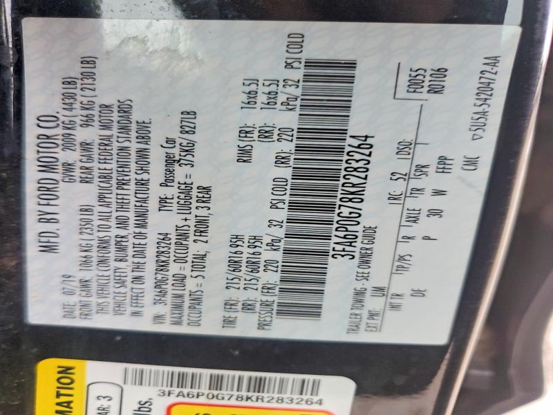 58468396 :رقم المزاد ، 3FA6P0G78KR283264 vin ، 2019 Ford Fusion مزاد بيع