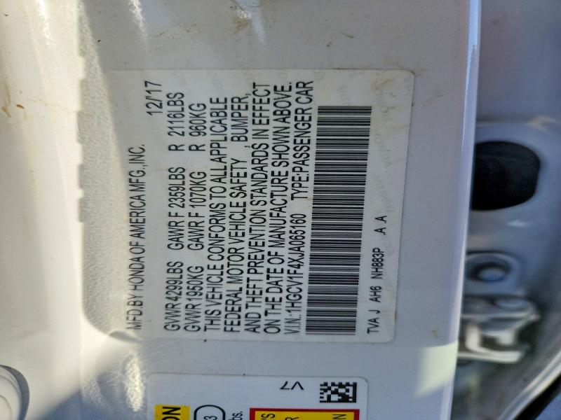 Продажа на аукционе авто 2018 Honda Accord, vin: 1HGCV1F4XJA065160, номер лота: 55733186