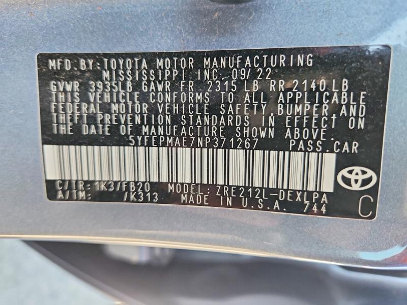 Aukcja sprzedaży 2022 Toyota Corolla, vin: 5YFEPMAE7NP371267, numer aukcji: 56089106