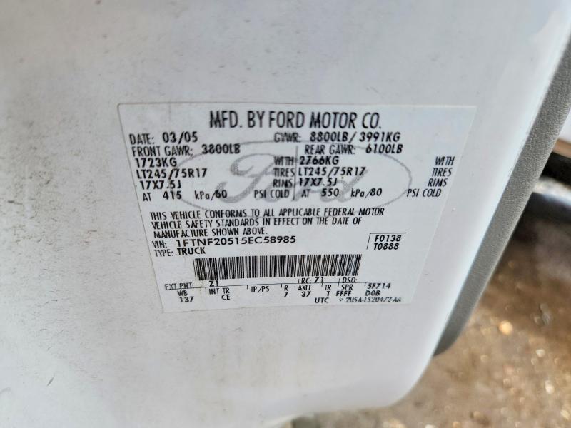 2005 Ford F250 მანქანა იყიდება აუქციონზე, vin: 1FTNF20515EC58985, აუქციონის ნომერი: 57049736