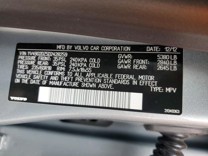 56840786 :رقم المزاد ، YV4902DZ5D2428259 vin ، 2013 Volvo Xc60 مزاد بيع