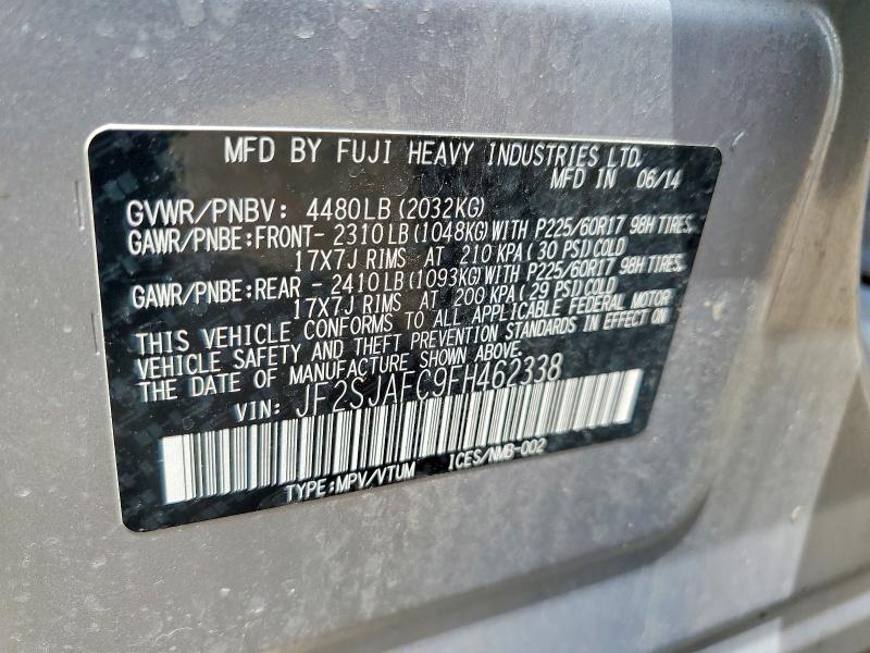2015 Subaru Forester მანქანა იყიდება აუქციონზე, vin: JF2SJAFC9FH462338, აუქციონის ნომერი: 58242176