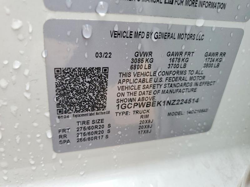 Aukcja sprzedaży 2022 Chevrolet Silverado Ltd, vin: 1GCPWBEK1NZ224514, numer aukcji: 56288236